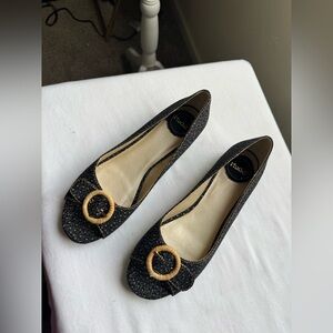 Mudd Black Floral Ballet Flats with Woven Gold Buckle Size 6.5